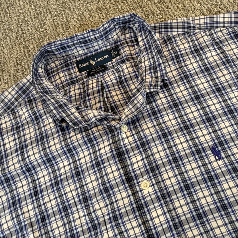 Ralph Lauren Button Down Shirt Mens XL Blue Plaid Blake Short Sleeve Cotton